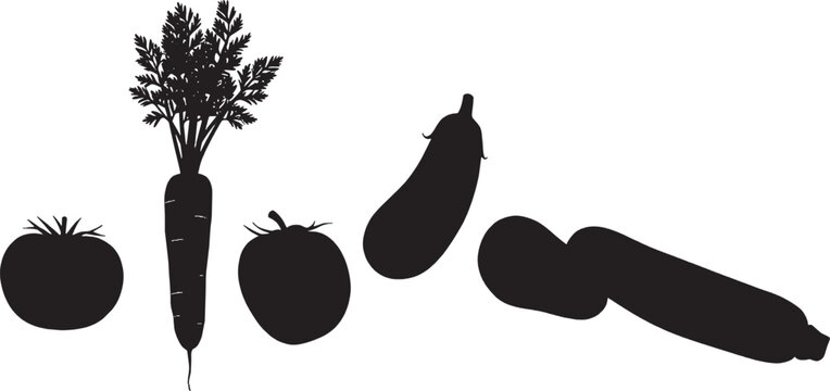 Black silhouette collection of fresh vegetables including tomato carrot and eggplant isolated on transparent background, Vector