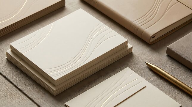 Elegant neutral-toned stationery collection featuring notebooks with subtle wavy embossed patterns, complementing envelopes, and a stylish golden pen, arranged for a sophisticated aesthetic