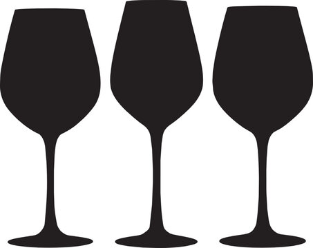 Three black wine glasses silhouette icons isolated on a plain surface isolated on transparent background, Vector