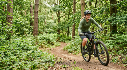 Fototapeta premium Smiling woman riding a mountain bike on a forest trail. Active female cyclist exercising outdoors in nature. Healthy lifestyle and fitness concept