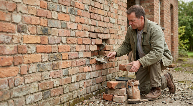 Male worker repairing an old rustic brick wall with mortar and trowel. Man kneeling outdoors restoring damaged masonry. Building maintenance and construction concept