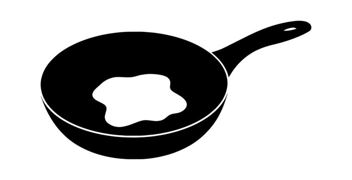 Black silhouette icon of a frying pan with a fried egg cooking inside for breakfast isolated on transparent background, Vector