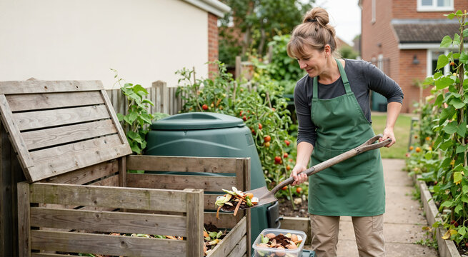 Woman adding kitchen scraps to a wooden compost bin in a garden. Sustainable gardening and waste recycling
