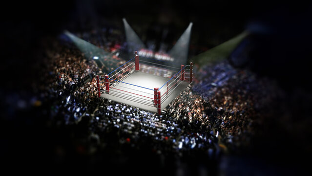 Empty boxing ring surrounded with spectators. 3D illustration