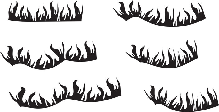Collection of black tribal flame decals isolated on transparent background for decoration.