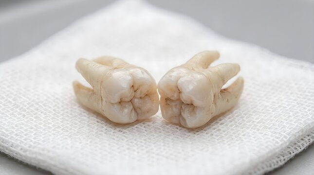 Extracted wisdom teeth on gauze pad dental health and oral surgery