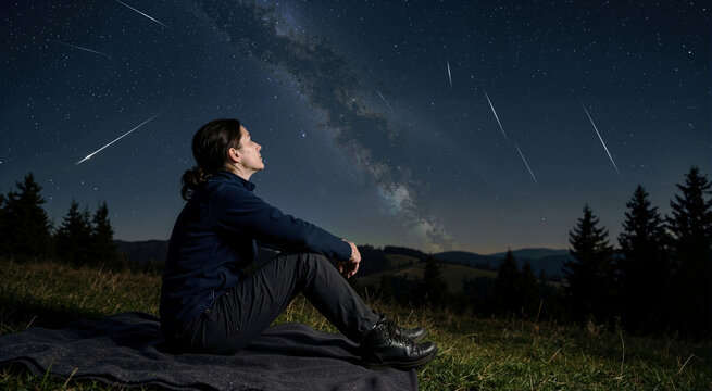 Woman watching the Perseid meteor shower in the night sky. Solitary female sitting on a blanket looking at shooting stars and the Milky Way. Outdoor astronomy and stargazing