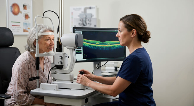 Senior woman receiving retinal OCT scan at eye clinic. Advanced diagnostic imaging for macular degeneration monitoring