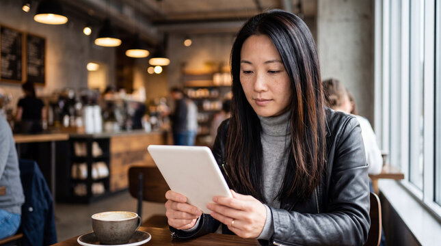 Woman using tablet in coffee shop with coffee cup on table remote work lifestyle