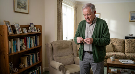 Fototapeta premium Senior man looking disoriented and confused with keys in living room. Early signs of alzheimer disease and dementia. Elderly male experiencing memory loss at home