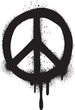 Hippie peace symbol graffiti black spray, grunge paint element. Spraypaint messy stroke, street art print isolated vector, graffiti black ink dirty urban sign or paint grunge line cool