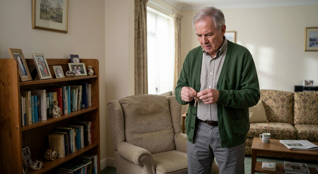 Senior man looking disoriented and confused with keys in living room. Early signs of alzheimer disease and dementia. Elderly male experiencing memory loss at home