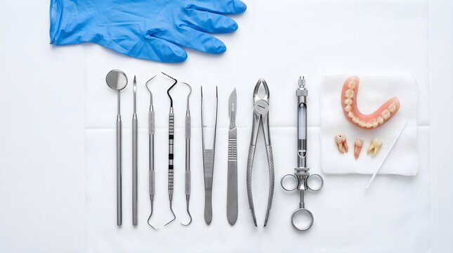 Dental instruments and prosthetics layout on white surface