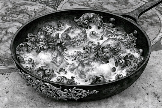 A black and white, detailed pen-and-ink engraving style illustration of meatballs cooking in a skillet with ornate, surreal baroque swirls, set against a map background.
