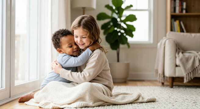 Diverse siblings hugging on the floor in a cozy living room. Older sister embracing her younger toddler brother. Family bonding and affection concept