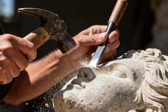 Sculptor Carving Stone Statue with Chisel and Hammer