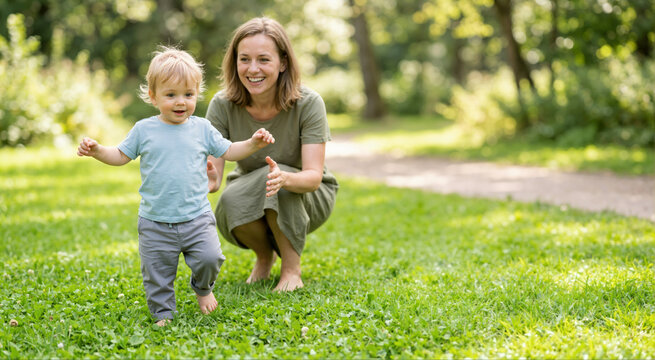 Toddler taking first steps on green grass in a park. Smiling mother supporting her child learning to walk outdoors. Family milestones and parenting concept