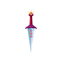 Fototapeta premium Fantasy sharp sword, magic knife with handle decorated by precious stones. Vector fantasy knife with sharp blade, antique armour, ui game element. Weapon of medieval fantastic king, tattoo design