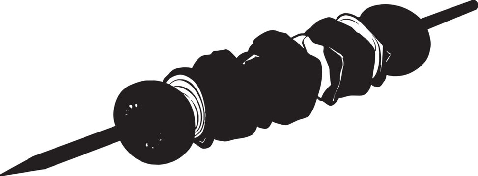 Black silhouette of a fresh vegetable shish kebab skewer with tomato onion and pepper pieces isolated on transparent background, Vector