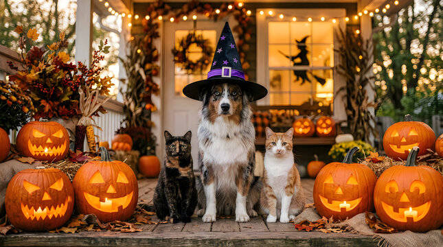 Happy halloween with pets adorable dogs and cats celebrate with jack o' lanterns and festive fall decor