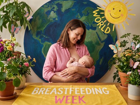 Mother breastfeeding newborn baby in front of a painted globe backdrop with a yellow sun and potted plants on a table with a breastfeeding week banner