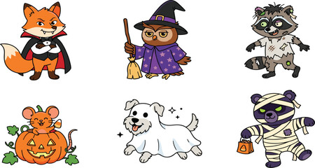 Obraz premium Cute Cartoon Animals in Halloween Costumes Set with Witch, Cat, Raccoon, Dog and Tiger Outfits for Fun