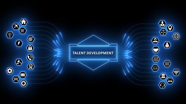 Talent Development concept animation with glowing neon digital network connection infrastructure and abstract business HR recruitment training ecosystem icons loop background