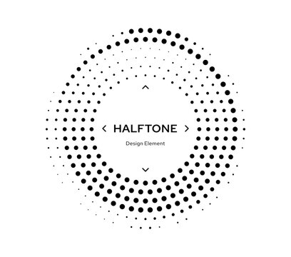 Circle half tone border dots effect design element. Halftone pattern ring border, dot texture circular background. Comic gradient round design element or half tone circle vector frame