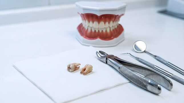 Dental extraction setup tools extracted teeth and anatomical model