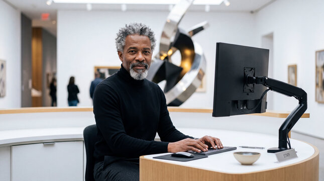 Mature black man working at modern reception desk in art gallery using computer with sculpture background professional workplace environment