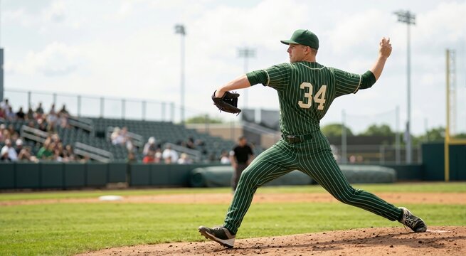 Baseball pitcher throwing a ball on the mound. Athlete in green pinstripe uniform in mid-throw during a game