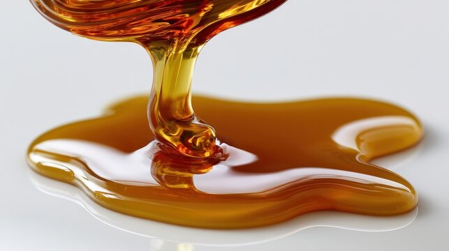 Sweet maple syrup dripped onto a white surface, viewed up close.