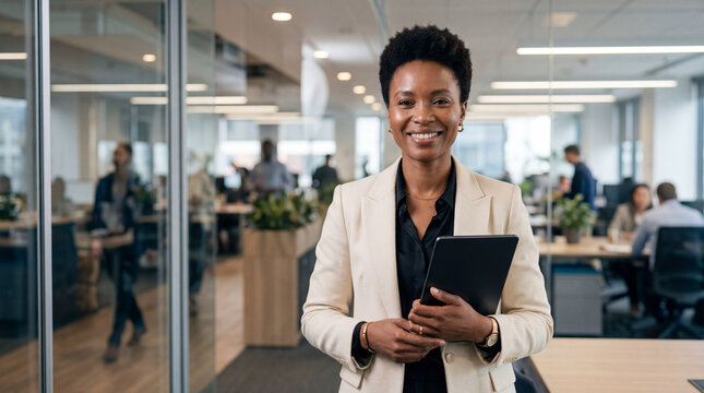 Black businesswoman holding tablet in modern office smiling at camera professional workplace confidence