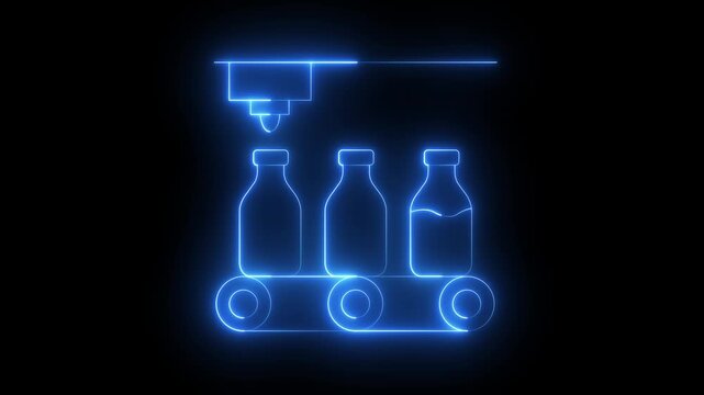 glowing neon Liquid filling machine icon, an industrial conveyor system icon showing the automatic filling of liquids into bottles, perfect for visuals in the food, beverage manufacturing industry.