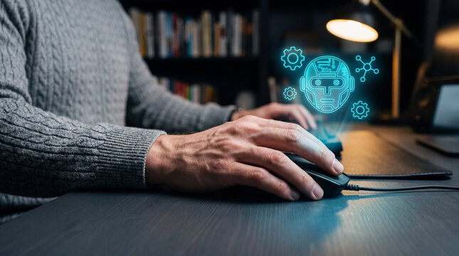 Man using computer mouse with glowing ai robot head and gear icons floating above representing artificial intelligence technology and digital innovation
