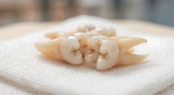 Extracted human wisdom tooth with roots on white gauze pad