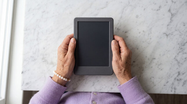 Senior woman holding e reader at marble table for digital reading lifestyle and senior tech adoption