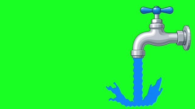 Cartoon metal faucet with blue running water flowing continuously on green screen. High-quality asset for plumbing and liquid animation.