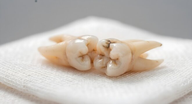Extracted human molars with dental caries on gauze pad