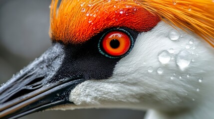 Obraz premium Close-up of a red-crowned crane's head, showing intricate details of its feathers, eye, and beak. Water droplets are visible on its plumage.
