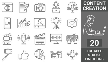 Fototapeta premium Content Creation Line Icon Set. 20 Editable Stroke Icons of Digital Vlogging, Social Media Influencer Tools, Podcast Microphone, Ring Light, and Movie Clapperboard, Vector Outline Symbols.