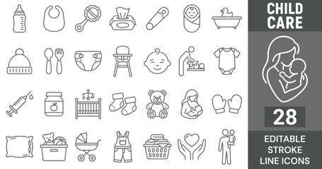 Fototapeta na wymiar Child Care Line Icon Set. 28 Editable Stroke Icons of Newborn Baby Essentials, Parenting Care, Feeding Bottle, Diaper, Stroller Pram, Crib Bed, and Teddy Bear Toy, Vector Outline Symbols.
