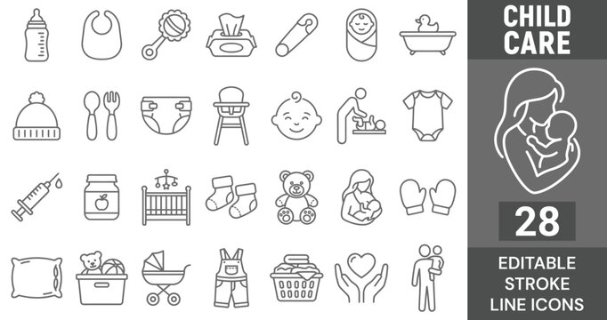 Child Care Line Icon Set. 28 Editable Stroke Icons of Newborn Baby Essentials, Parenting Care, Feeding Bottle, Diaper, Stroller Pram, Crib Bed, and Teddy Bear Toy, Vector Outline Symbols.