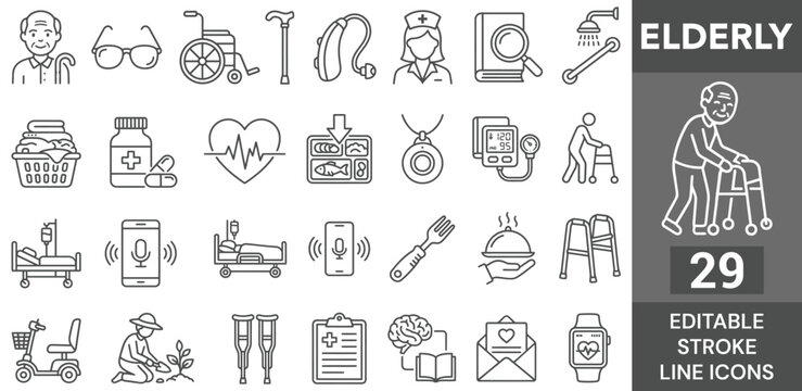 Elderly Care Line Icon Set. 29 Editable Stroke Icons of Senior Nursing, Medical Assistance, Rolling Walker, Wheelchair, Hearing Aid, Medicine, and Health Support, Vector Outline Symbols.