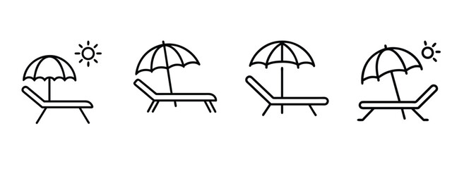 Beach chair line icons set with sun umbrella, summer relaxation lounger, tropical vacation furniture & more vector illustration with editable stroke and sun-like radiance shine lines. © Purnorup Dream IT 