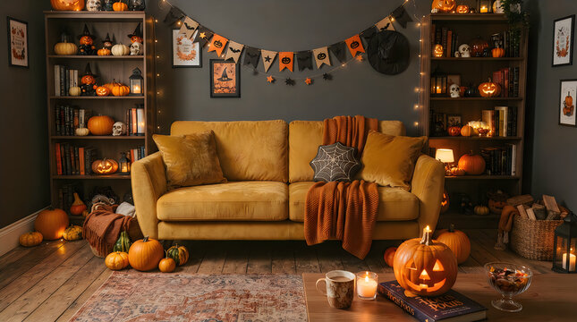 Spooky cozy a happy halloween living room with pumpkins decorations and warm autumnal vibes