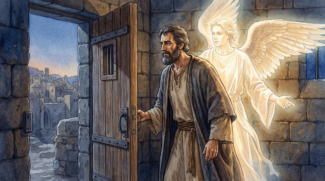 Apostle Peter walking out of a stone prison cell through open doors. Glowing angel with wings guiding a man to freedom. Early Christian church miraculous escape theme