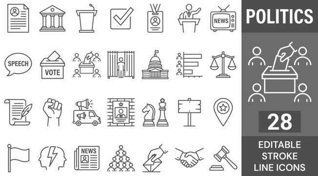 Politics Line Icon Set. 28 Editable Stroke Icons of Government Election, Democratic Voting Ballot Box, Speech Podium, Court Gavel, and News Broadcast, Vector Outline Symbols.