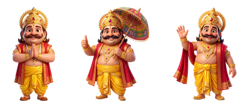 Cute 3D cartoon character set of King Mahabali for Onam festival isolated on transparent background.