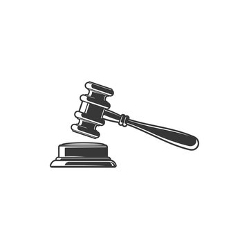 Judge hammer, decision mallet isolated monochrome icon. Vector judicial branch of power symbol, auction object. Judge equipment, court item, justice and verdict announcement of guilty or innocent.